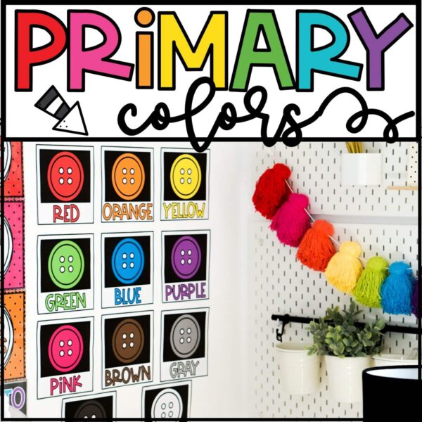 Vintage Vibes Classroom Theme - Color Posters Shows the color posters on a classroom wall. Each color is a button that reflects the color