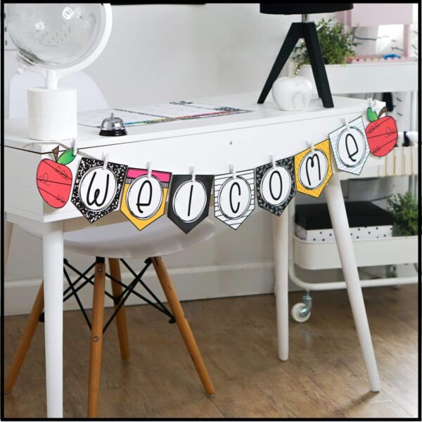 Vintage Vibes Classroom Theme - Welcome Banenr Shows the vintage vibes classroom theme welcome banner on a white table for the classroom
