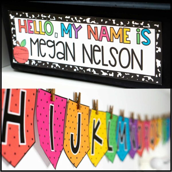 Vintage Vibes Classroom Theme - Desk Name Plates Shows an example desk name plate with the text "Hello My Name is Megan Nelson"