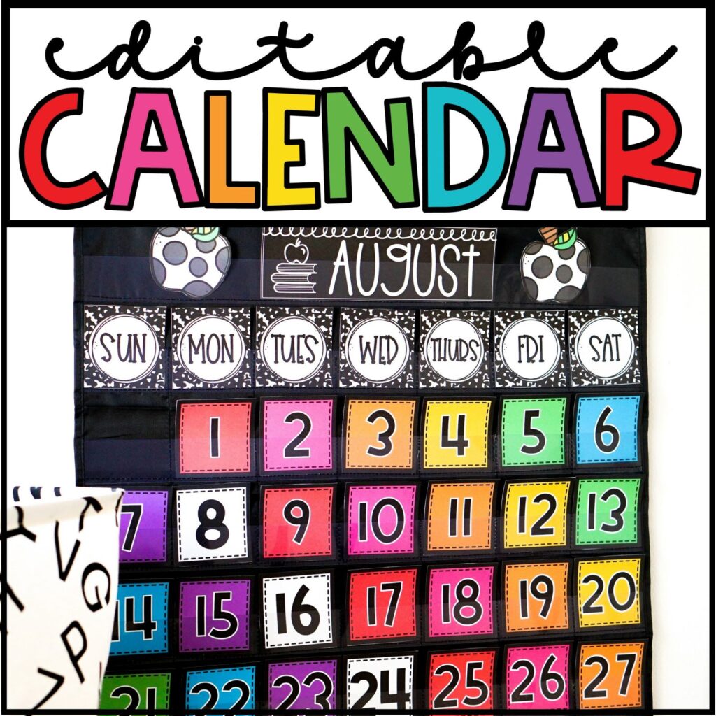 Shows the vintage vibes classroom theme calendar pack set up on a black pocket chart