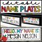 Shows multiple example desk name plates from the Vintage Vibes Classroom Theme