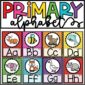 Shows the Vintage Vibes Classroom Theme alphabet with pictures on it. Multiple poster examples are shown with clipart for each letter