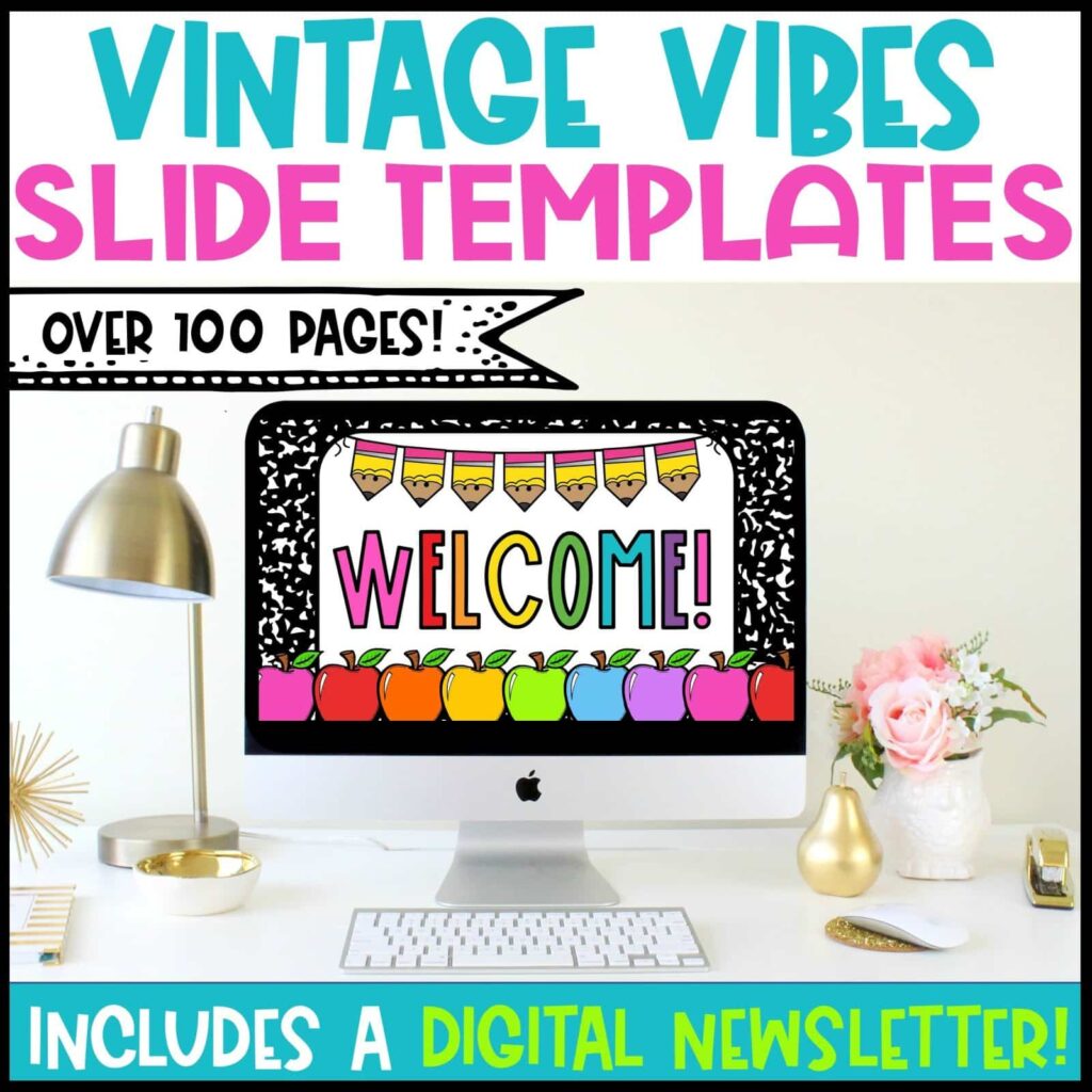 Shows the first slide of the Vintage Vibes Google Slides in a stock photo. The slides work perfect with Powerpoint or Google Sldies