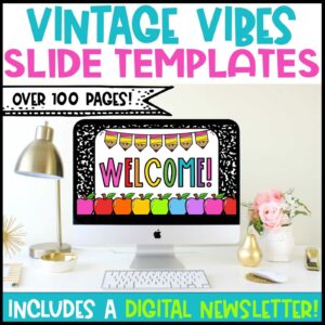 Shows the first slide of the Vintage Vibes Google Slides in a stock photo. The slides work perfect with Powerpoint or Google Sldies