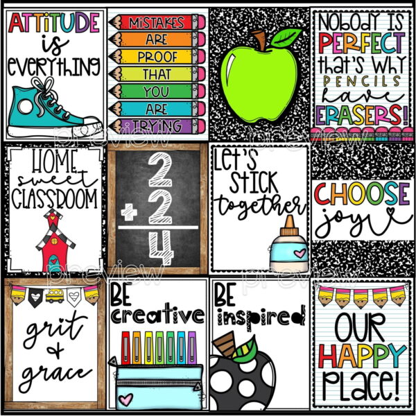 Vintage Vibes Inspirational Quote Posters - Examples Posters 3 Shows many different inspirational quote posters from the Vintage Vibes Classroom theme