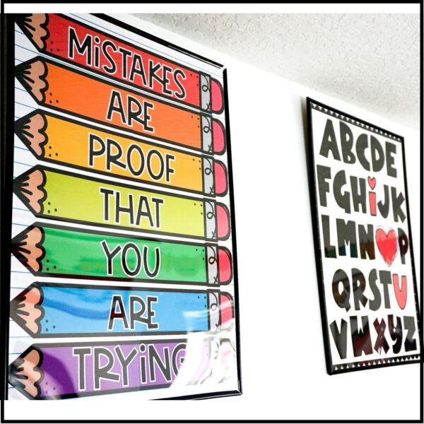 Vintage Vibes Inspirational Quote Posters - Example Posters 5 Shows two example inspirational quote posters printed large and set up on a classroom wall