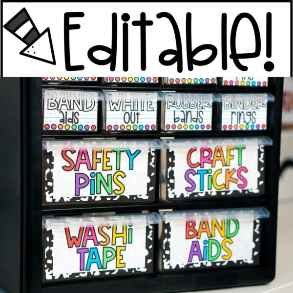 Vintage Vibes Teacher Toolbox - Close Up Shows a close up of the colorful teacher toolbox labels with the composition notebook background