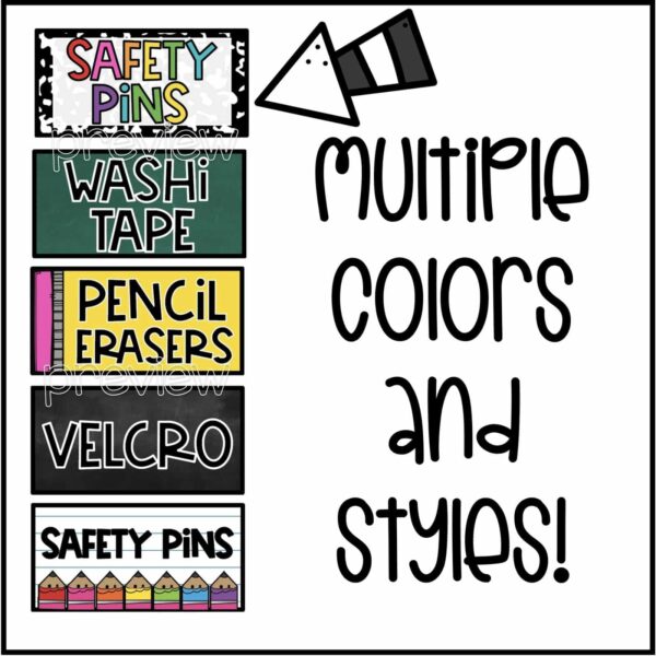 Vintage Vibes Teacher Toolbox - Design Options Shows different design options available for the teacher toolbox labels including a chalk board, pencils, and other design options