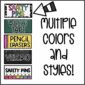 Shows different design options available for the teacher toolbox labels including a chalk board, pencils, and other design options