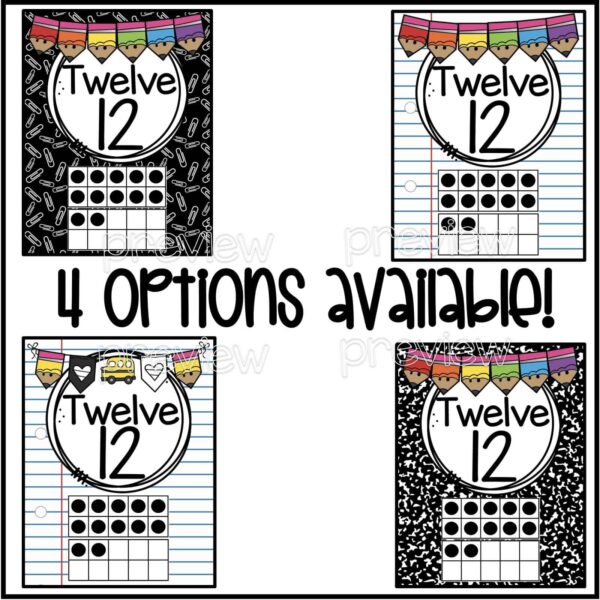 Vintage Vibes Number Line - Design Options Shows 4 different design options that are available. All examples are for the number 12, and various designs have apples and other classic elementary classroom designs