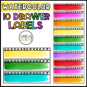 Shows blank versions of the watercolor 10 Drawer Cart Labels that teachers can add text to so they can set up any classroom organizational system that they'd like to