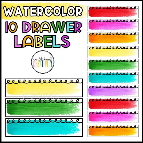 Shows blank versions of the watercolor 10 Drawer Cart Labels that teachers can add text to so they can set up any classroom organizational system that they'd like to