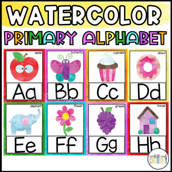 Shows examples of the alphabet posters with pictures. Includes letters A through H