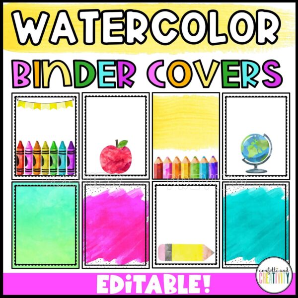 Watercolor Binder Covers - Cover Photo Shows the binder cover options that are available from the watercolor classroom theme. Each binder cover is blank, but teachers can add their own text to create whatever binder covers they need to keep their classroom organized.
