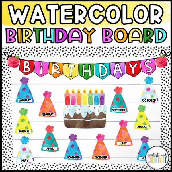 Shows a bulletin board set up with the watercolor birthday board. Includes cards for student names, months, and a banner.