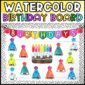 Shows the birthday board from the watercolor classroom theme set up on a bulletin board. The bulletin board has labels for every month and editable name tags so that teachers can add student names to the board