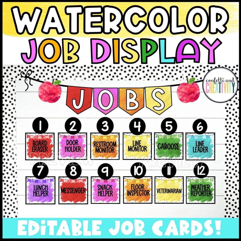 Shows the Watercolor classroom jobs display set up on a bulletin board. The display helps a teacher have their students help them keep the class in order and organized.