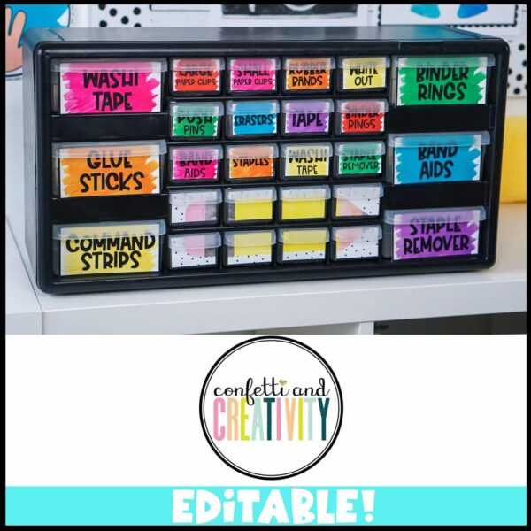 Watercolor Classroom Theme - Teacher Toolbox Shows a black teacher toolbox with the watercolor toolbox labels put on