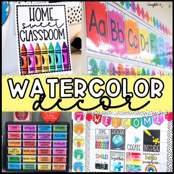 Shows 4 different pictures of the watercolor theme classroom decor bundle set up in a real classroom. The pictures include the alphabet posters, a bulletin board set up with quote posters, a teacher toolbox, and so much more. In the middle of the image is the text "Watercolor Decor"