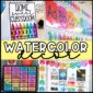 Shows 4 different pictures of the watercolor theme classroom decor bundle set up in a real classroom. The pictures include the alphabet posters, a bulletin board set up with quote posters, a teacher toolbox, and so much more. In the middle of the image is the text "Watercolor Decor"