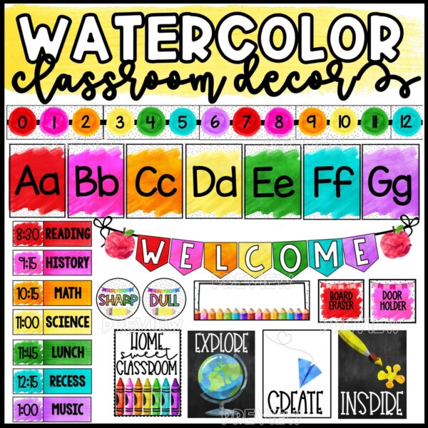 Watercolor Classroom Theme - Cover Photo (Old) Shows snipped pictures from the Watercolor Theme Classroom Decor Bundle