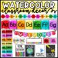 Shows snipped pictures from the Watercolor Theme Classroom Decor Bundle