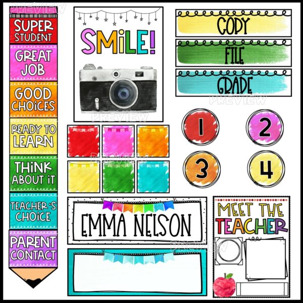 Watercolor Classroom Theme - Snipped Pictures Shows multiple different snipped pictures of items in the Watercolor Classroom Theme. Includes things like the motivational poster, table numbers, and CHAMPS Posters. Every item is bright and perfect for a preschool classroom