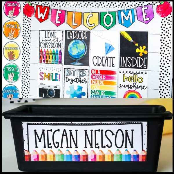 Watercolor Classroom Theme - Whole Room Shows a bulletin board set up with the inspirational classroom posters as well as the desk nameplate from the watercolor classroom theme. Perfect for any teacher wanting a bright classroom theme.