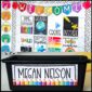 Shows a bulletin board set up with the inspirational classroom posters as well as the desk nameplate from the watercolor classroom theme. Perfect for any teacher wanting a bright classroom theme.