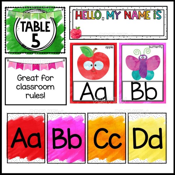 Watercolor Classroom Theme - Table Numbers, Alphabet, Desk Nameplate Shows many different items from the watercolor theme including the alphabet with pictures, editable classroom posters, and so much more. Perfect for a preschool classroom