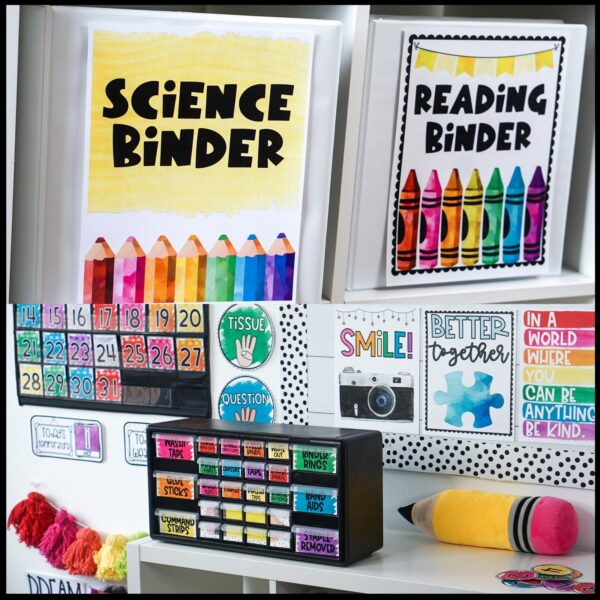 Watercolor Classroom Theme - Binder Covers and Bulletin Board Shows the binder covers and teacher toolbox in a real classroom from the watercolor classroom theme