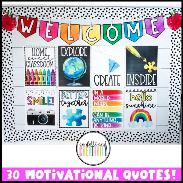 Watercolor Classroom Theme - Inspirational Posters Shows a bulletin board set up with the inspirational quote posters and a banner at the top of the board. At the bottom of the image is the text "30 motivational quote posters included". All items are included in the watercolor classroom theme decor bundle