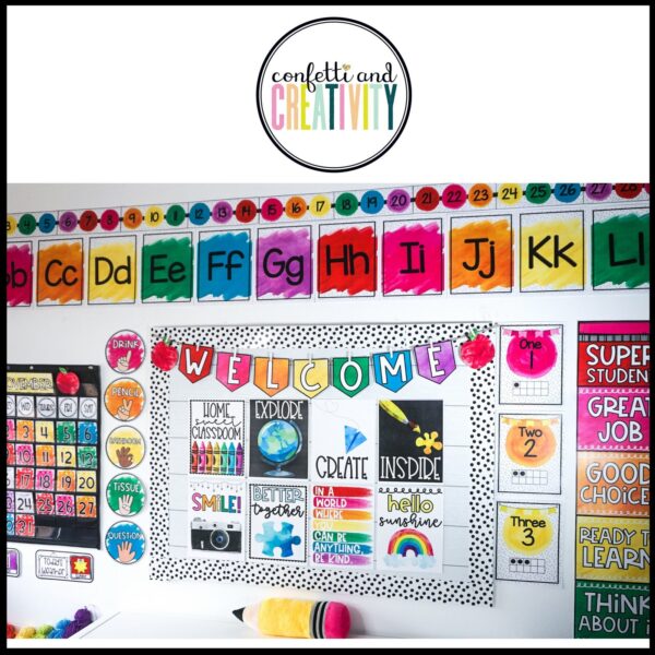 Watercolor Classroom Theme - Whole Room Shows an entire room set up with the watercolor classroom theme decor bundle. Includes a classroom calendar, inspirational quote posters, alphabet posters, hand signals and so much more. Perfect for a preschool classroom or a primary elementary room