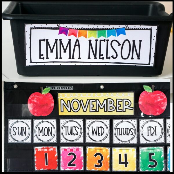 Watercolor Classroom Theme - Desk Nameplate and Classroom Calendar Shows an example desk nameplate with the name "Emma Nelson" on it, as well as the classroom calendar from the watercolor classroom theme decor bundle.