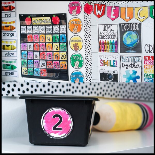 Watercolor Classroom Theme - Whole Room Shows a whole classroom picture of a room that's set up with the watercolor classroom decor bundle. Also features bright colors and an example circle number from the watercolor classroom theme