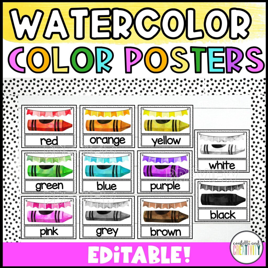 Shows the color posters from the watercolor classroom theme. Each color has a colored crayon in watercolor design, and text saying which color it is.