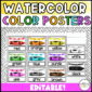 Shows the color posters from the watercolor classroom theme. Each color has a colored crayon in watercolor design, and text saying which color it is.