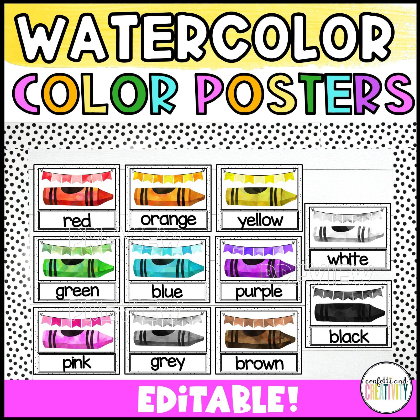 Shows the color posters from the watercolor classroom theme. Each color has a colored crayon in watercolor design, and text saying which color it is.