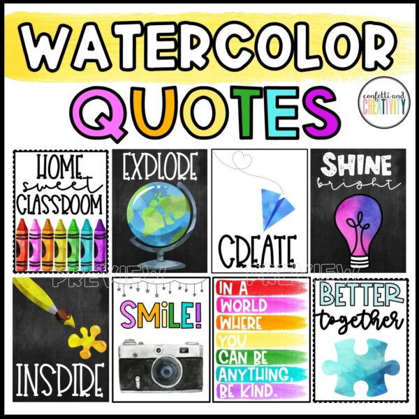 Watercolor Quote Posters - Cover Photo Shows 8 different snipped watercolor quote posters