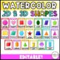 Shows snipped images of the shape posters from the watercolor classroom theme. Includes 2D and 3D shapes to help a student master their shapes.