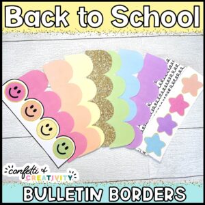 Shows the bright printable bulletin board borders laid out on a white background. The colors are bright pastels