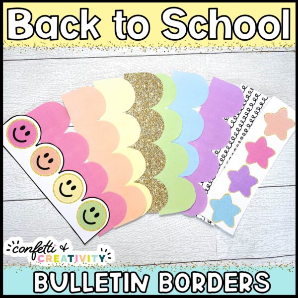 Shows the bright printable bulletin board borders laid out on a white background. The colors are bright pastels