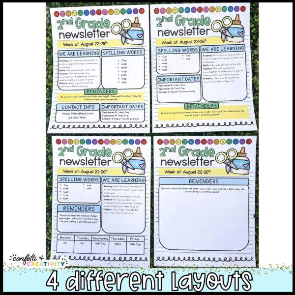 Back to School Classroom Newsletters - Layout Options Shows four different Back to School Classroom Newsletters laid out on a green grass panel. Every classroom newsletter has the same glue and scissors clipart to celebrate back to school, however they all have a different layout for where teachers can type and input information. Perfect for Parent communication