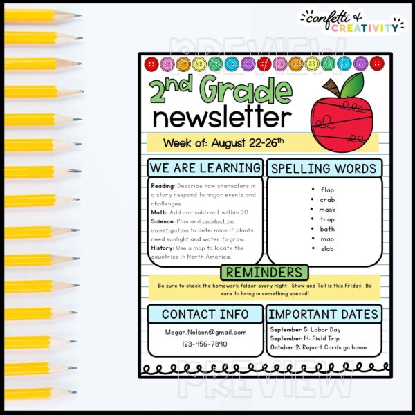 Back to School Classroom Newsletters - Example Shows an example Back to School Classroom Newsletter laid out on a table