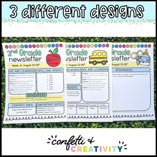Back to School Classroom Newsletters - Design Options Shows three different design options laid out on a table. Each newsletter has a different set of clipart to celebrate Back to School