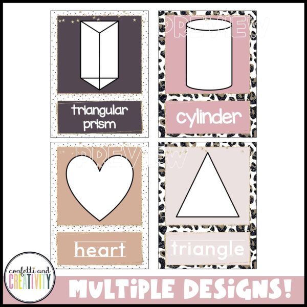 Boho Neutral Shape Posters - Example Shapes Shows multiple different designs for the shape posters. Includes colored backgrounds as well as leopard print backgrounds