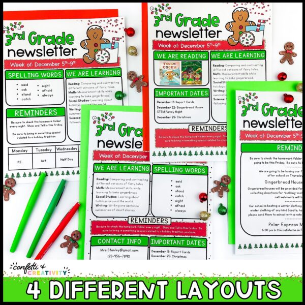 Christmas Classroom Newsletter - 4 different options Shows 4 different layout examples of the Christmas Newsletters