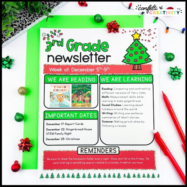 Christmas Classroom Newsletter - Alternative Design Shows a Christmas newsletter example on a table with other Christmas Decor
