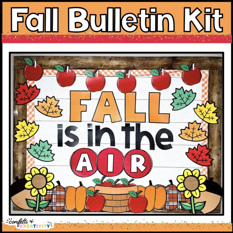 Shows the whole bulletin board with a Fall theme. Features apples, bright Fall colors, and the phrase "Fall is in the Air"