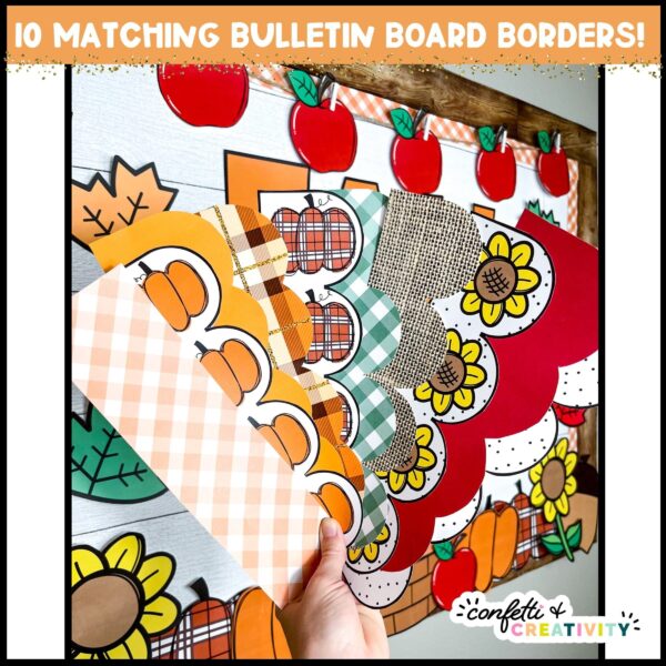 Fall Bulletin Board - Printable Bulletin Board Borders Shows the Fall Printable bulletin board borders that come with the board. The borders are fanned out and comes with scallop or straight edge designs.